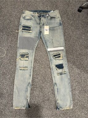 MNML Light Blue Skinny Jeans with Distressed Patchwork